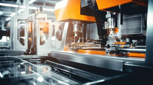 A modern factory with CNC milling machines. A bright ultra clean organized production factory or plant. DX, industry 4. 0 concept