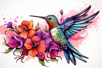 Beautiful tropical bird on exotic flowers in vintage style, hummingbirds on white background. Elegant tattoo design - obrazy, fototapety, plakaty
