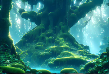 A very dense forest, a fairy is likely to live in, a fantasy forest scene. Generative AI