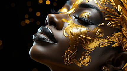 Portrait of black woman in golden make up.