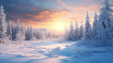 Beautiful winter landscape. Majestic white spruces glowing by sunlight. Picturesque and gorgeous wintry scene