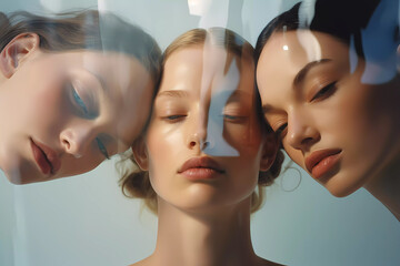 Image closeup of three gorgeous women. Diverse women photography with minimalist style for product or service brand presentation