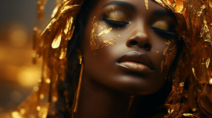 Portrait of black woman in golden make up.
