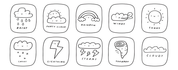 Collection of weather forecast icons. Cards for learning. Kids education concept. Vector outline hand drawn illustrations.