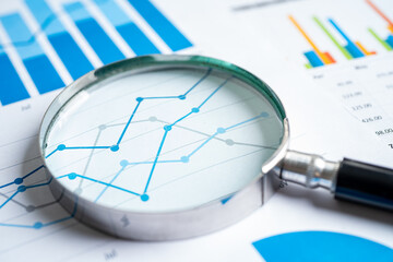 Magnifying glass on graph paper. Financial development, Banking Account, Statistics, Investment...