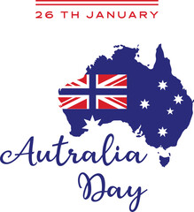 Happy Australia day lettering. Map of Australia with flag. Vector illustration Celebration poster