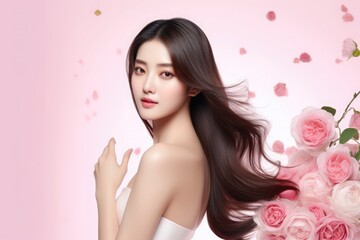 Naklejka premium Young beautiful Asian woman looking at camera close up with natural Korean makeup, perfect clean skin, curly dark hair. with copy space. Beauty skin care
