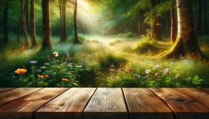 Empty wooden table with an enchanting forest glade in the background, featuring a carpet of wildflowers and dappled sunlight - obrazy, fototapety, plakaty