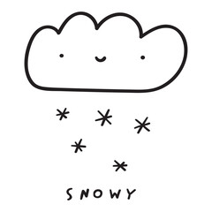 Snowy. Cute cloud and snowflakes. Weather forecast. Kids education. Vector outline illustration