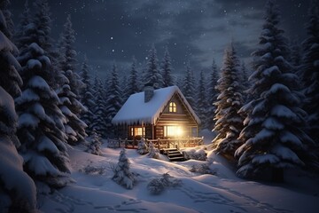 Fototapeta premium Winter night unfolds with a charming cabin nestled in a snow-covered forest, its chimney emitting a wisp of smoke