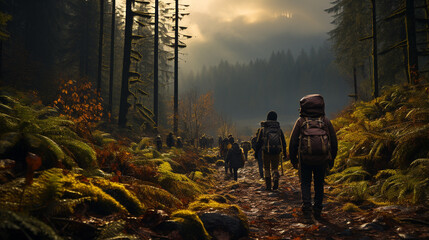 Travelers at forest.