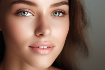 Fototapeta premium Close up of beautiful face. Glow skin and plump lips with natural makeup. Part of face, highlighter, shimmer, bronzer. Make up concept. Portrait of young woman with closed eyes. Mouth slightly open.