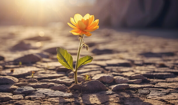 A yellow flower blooming under the sunbeam in the drought-stricken land. Motivation and encouragement concept.