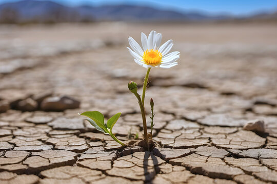 A white flower blooming from the drought land. Motivation and encouragement concept.