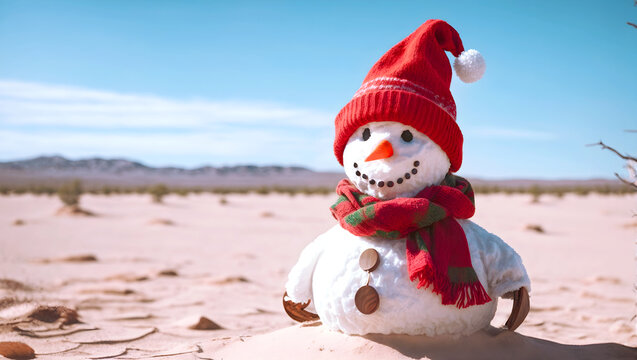A festive snowman in the drought desert. Global warming concept.