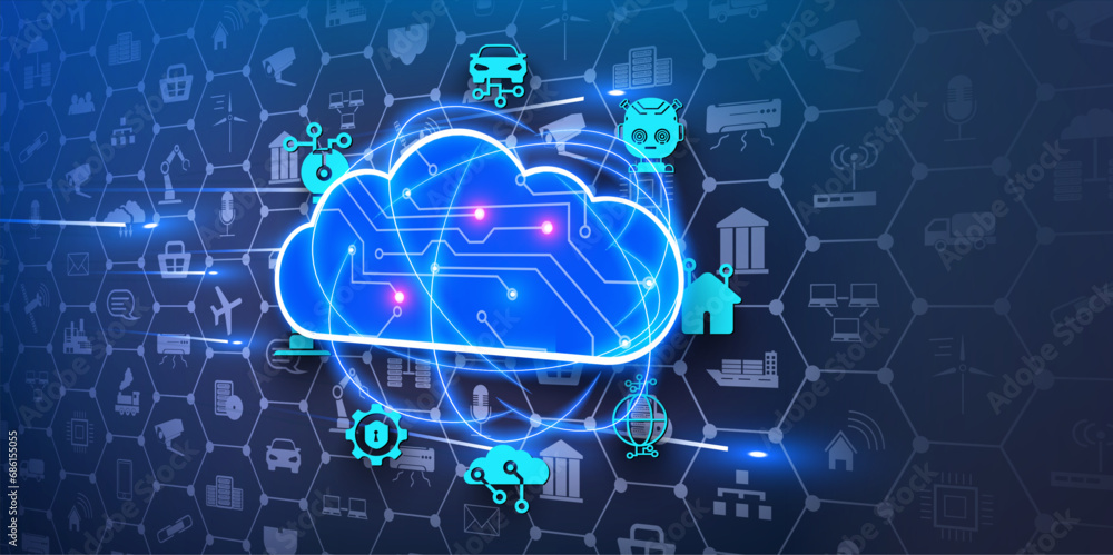 Leinwandbilder digital cloud computing technology concept with connected icons on a dark blue background. computer 