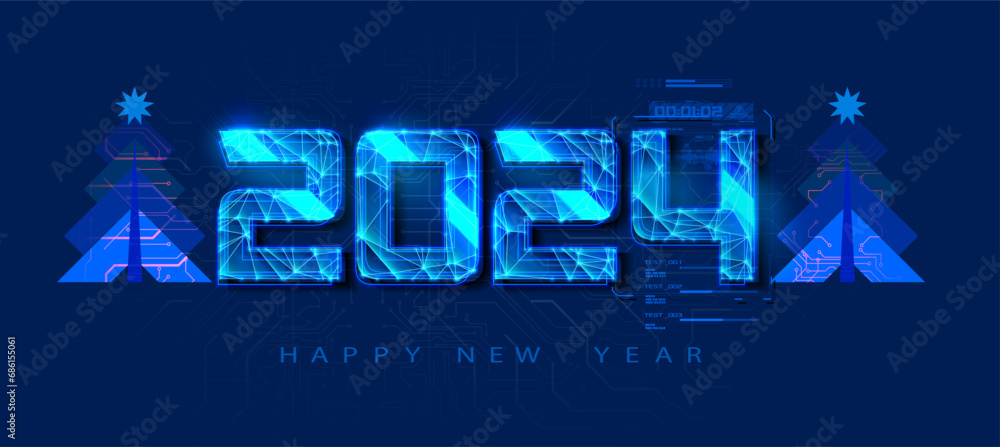 Poster futuristic neon 2024 new year celebration concept with digital circuitry and trees. circuit pattern,