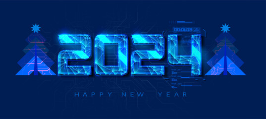 Futuristic Neon 2024 New Year Celebration Concept with Digital Circuitry and Trees. Circuit pattern, futuristic poster. Vector illustration