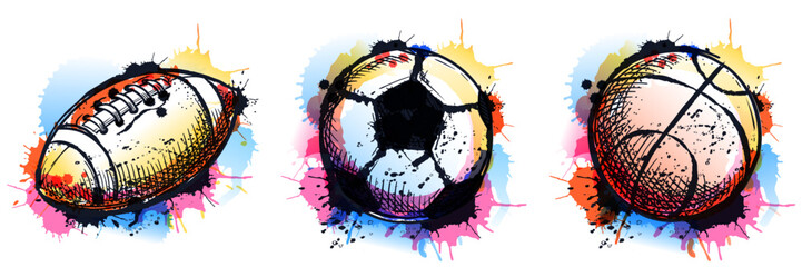 American football, soccer, basketball balls on watercolor colorful splash background. Vector hand drawn illustration