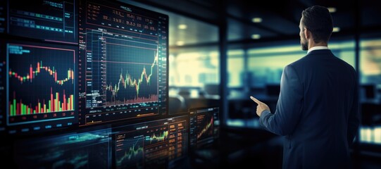 Financial figures analyzing market data on large displays