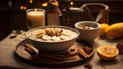 Fototapeta premium Hot Oatmeal with Bananas, Nuts, and Cinnamon