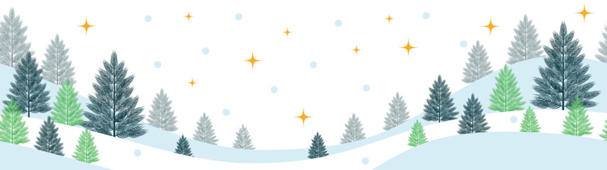 Vector winter, Christmas season landscape. Long background or banner with spruce, fir or noel tree, stars and snow - obrazy, fototapety, plakaty