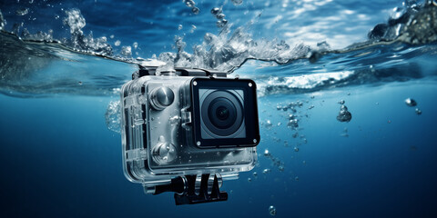 waterproof sports camera plunging into the deep - obrazy, fototapety, plakaty