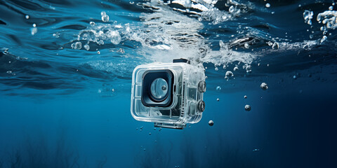 waterproof sports camera plunging into the deep - obrazy, fototapety, plakaty