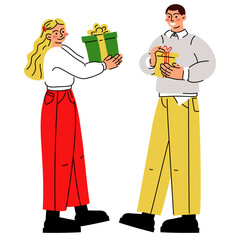 A bright couple gives each other gifts on a white background. Cute guy and girl, vector flat illustration of gift giving. Give gifts. A surprise gift box. Christmas, New Year, mutual gifts