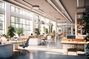 The interior of the workplace in a white coworking