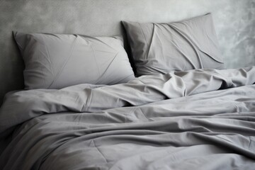A bed with gray bed linen , a blanket and pillows