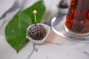 Delicious Turkish dishes; chocolate balls and traditional turkish tea