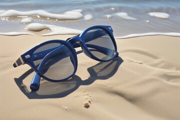 Sunglasses on the sand near the sea