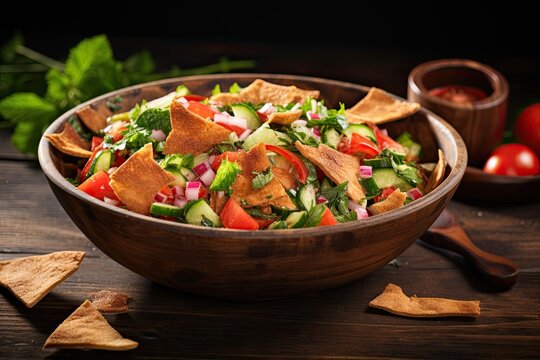 Arabic fattoush salad fattoosh turkish wooden background in bowl