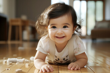 A little girl in a dress crawls on the floor