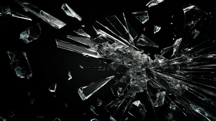 Broken glass with sharp pieces on a black background.
