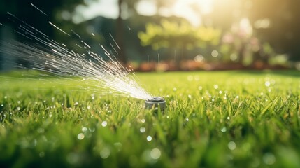 Close plan of the automatic sprinkler of the lawn in action. - obrazy, fototapety, plakaty