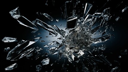 Broken glass with sharp pieces on a black background.