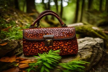 old ornamented leather purse in the forest