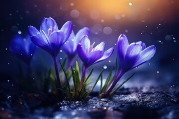 Spring flowers of blue crocuses in water drops