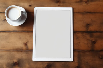 The tablet is lying on a wooden table with a cup of coffee