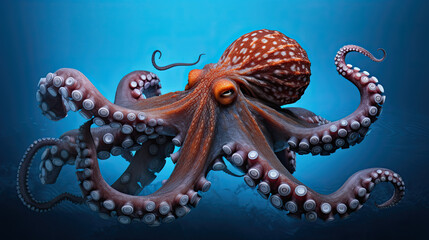 close up octopus isolated on blue background