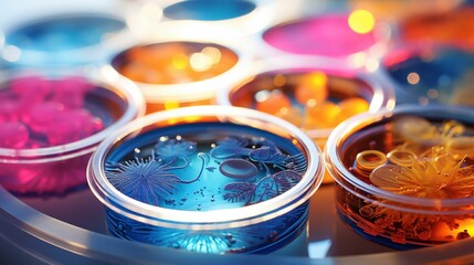 An image of Petri dishes containing some laboratory liquids.