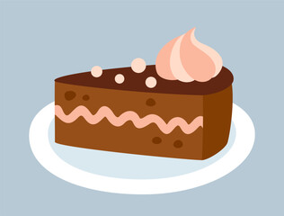 Sweet dessert icon. Sticker with slice of delicious chocolate cake with cream and fruit filling. Confectionery or pastry with sugar. Cartoon flat vector illustration isolated on gray background