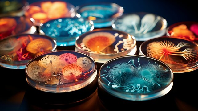 An image of Petri dishes containing some laboratory liquids.