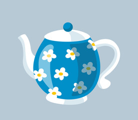 Tea party icon. Colorful sticker with stylish teapot with daisies or flowers. Ceramic utensils for boiling water or making hot drinks. Cartoon flat vector illustration isolated on gray background