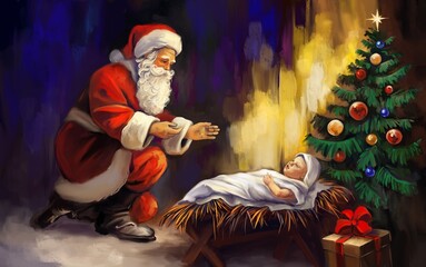 Christmas story.  A true Christmas. Santa Claus bowed to the baby Jesus Christ lying in the manger., Christmas night , art illustration painted