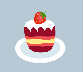 Sweet dessert icon. Sticker with delicious muffin or cupcake with chocolate biscuit, strawberries and cream. Confectionery for tea party. Cartoon flat vector illustration isolated on gray background