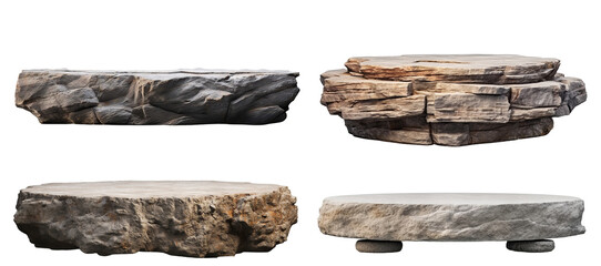 Set of flat rock podiums for product display, cut out - obrazy, fototapety, plakaty