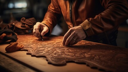 Leathersmith or leather craftsman engraving a thick piece of brown - tanned leather - obrazy, fototapety, plakaty